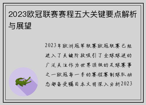 2023欧冠联赛赛程五大关键要点解析与展望