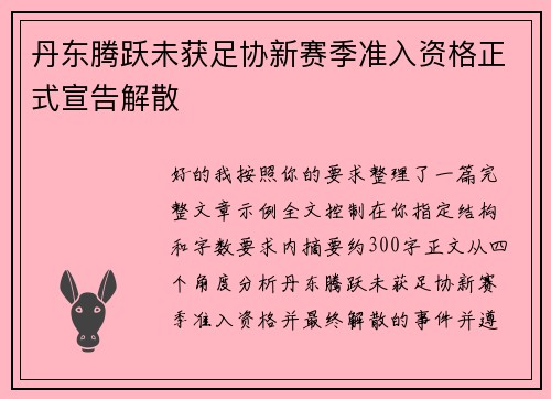丹东腾跃未获足协新赛季准入资格正式宣告解散